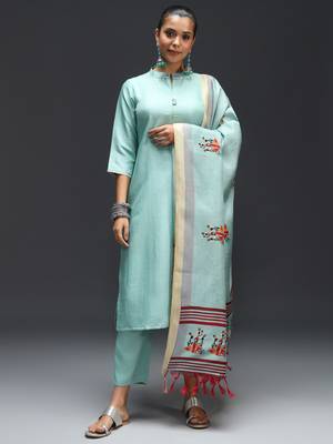 Sky embroidered cotton silk blend kurta sets 1