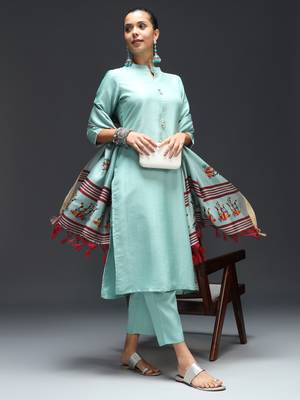 Sky embroidered cotton silk blend kurta sets 2