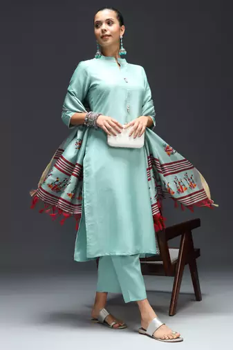 Sky embroidered cotton silk blend kurta sets