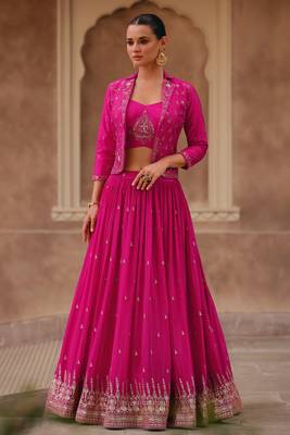 Pink Embroidered Chinnon Silk Lehenga Bloue With Jacket  Full Stitched 1