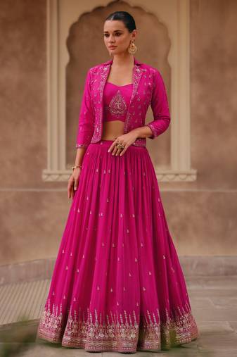 Pink Embroidered Chinnon Silk Lehenga Bloue With Jacket  Full Stitched