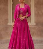 Pink Embroidered Chinnon Silk Lehenga Bloue With Jacket  Full Stitched