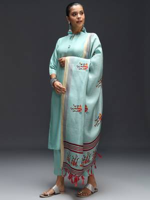 Sky embroidered cotton silk blend kurta sets 3