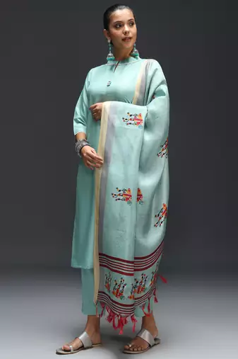 Sky embroidered cotton silk blend kurta sets
