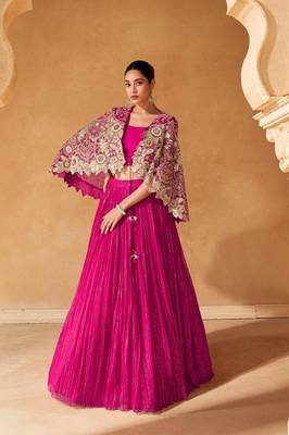 Pink Embroidery and Sequins Chinnon Silk Lehenga Bloue With Jacket  Full Stitched 1