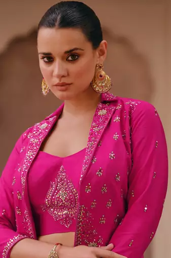 Pink Embroidered Chinnon Silk Lehenga Bloue With Jacket  Full Stitched