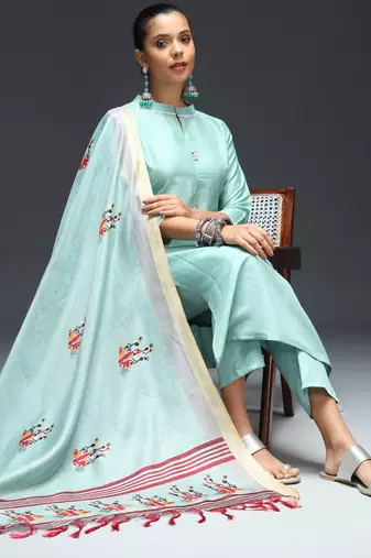 Sky embroidered cotton silk blend kurta sets