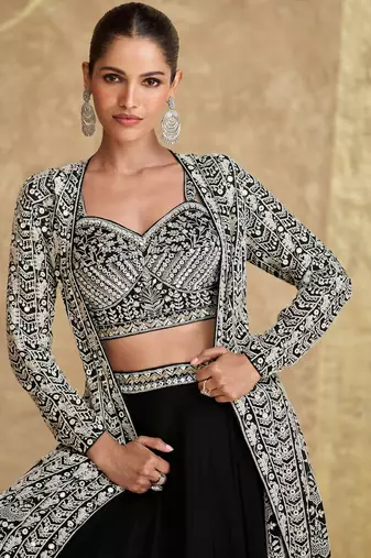 Black Embroidery and Sequins Georgette Lehenga Bloue With Jacket  Full Stitched