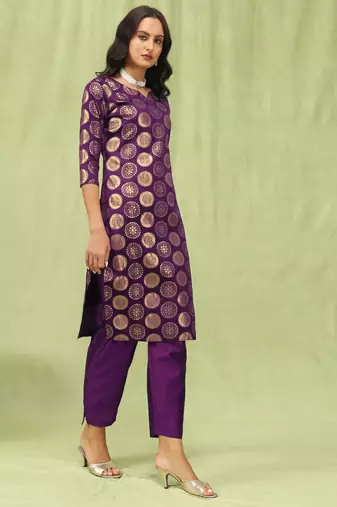 Purple embroidered cotton silk kurta sets