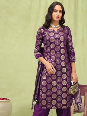 Purple embroidered cotton silk kurta sets 3