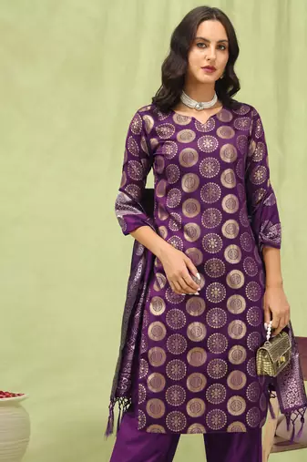 Purple embroidered cotton silk kurta sets