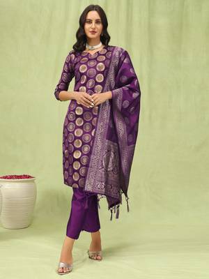 Purple embroidered cotton silk kurta sets 4