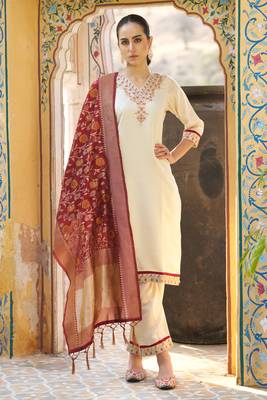 Cream embroidered silk blend kurta sets 2