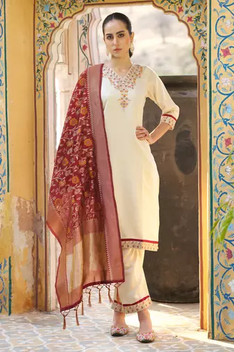 Cream embroidered silk blend kurta sets