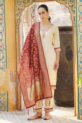 Cream embroidered silk blend kurta sets 3