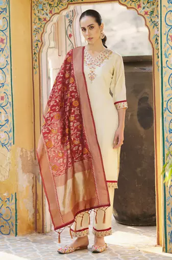 Cream embroidered silk blend kurta sets