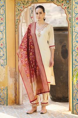 Cream embroidered silk blend kurta sets 4