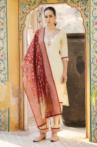 Cream embroidered silk blend kurta sets