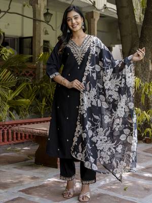 Black embroidered viscose rayon   kurta sets 1