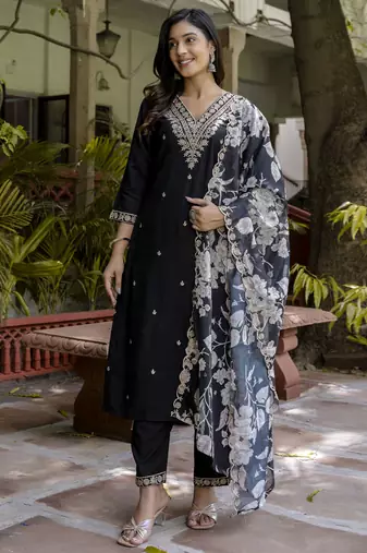 Black embroidered viscose rayon   kurta sets