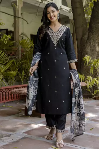 Black embroidered viscose rayon   kurta sets