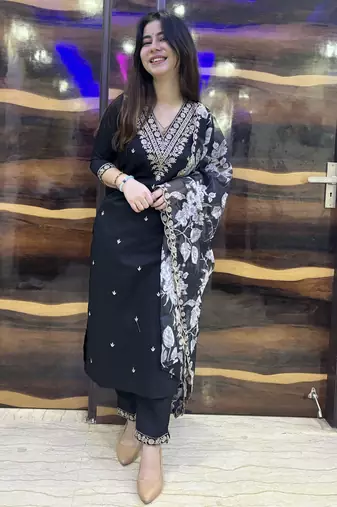 Black embroidered viscose rayon   kurta sets