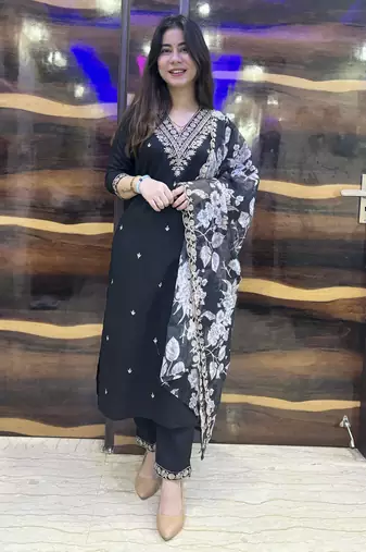 Black embroidered viscose rayon   kurta sets