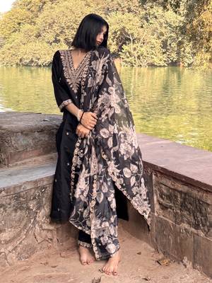 Black embroidered viscose rayon   kurta sets 1