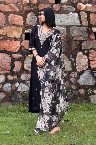 Black embroidered viscose rayon   kurta sets
