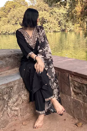 Black embroidered viscose rayon   kurta sets