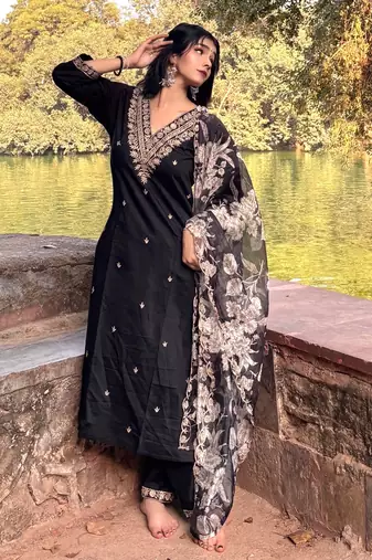 Black embroidered viscose rayon   kurta sets