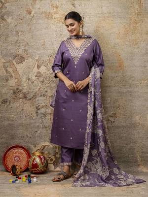Lavender embroidered viscose rayon   kurta sets 1