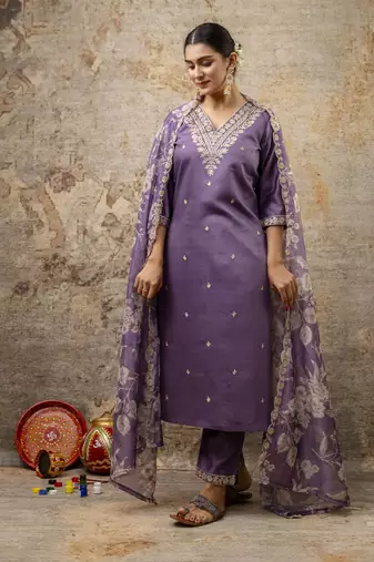 Lavender embroidered viscose rayon   kurta sets