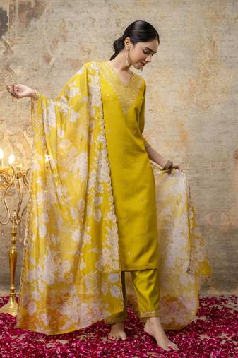 Lemon embroidered viscose rayon   kurta sets
