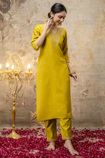 Lemon embroidered viscose rayon   kurta sets