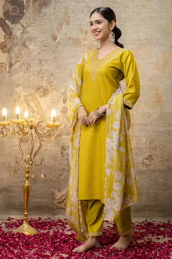 Lemon embroidered viscose rayon   kurta sets