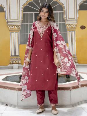 Maroon embroidered viscose rayon   kurta sets 1