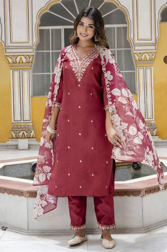 Maroon embroidered viscose rayon   kurta sets