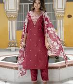 Maroon embroidered viscose rayon   kurta sets