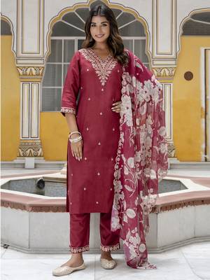 Maroon embroidered viscose rayon   kurta sets 2