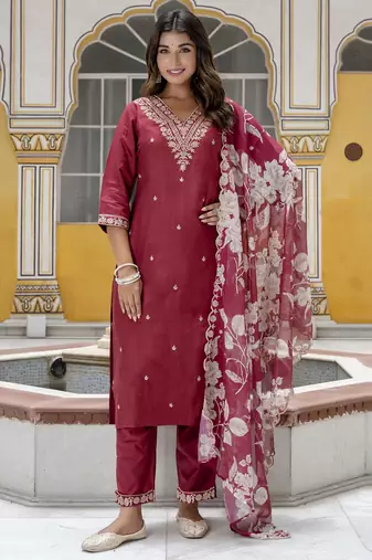 Maroon embroidered viscose rayon   kurta sets
