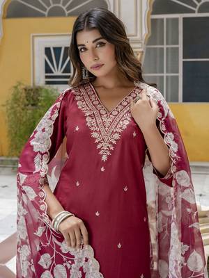 Maroon embroidered viscose rayon   kurta sets 3