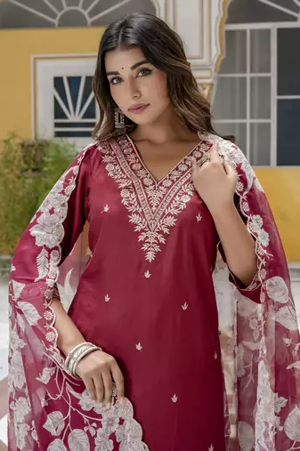 Maroon embroidered viscose rayon   kurta sets
