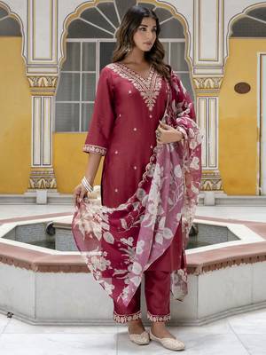 Maroon embroidered viscose rayon   kurta sets 4