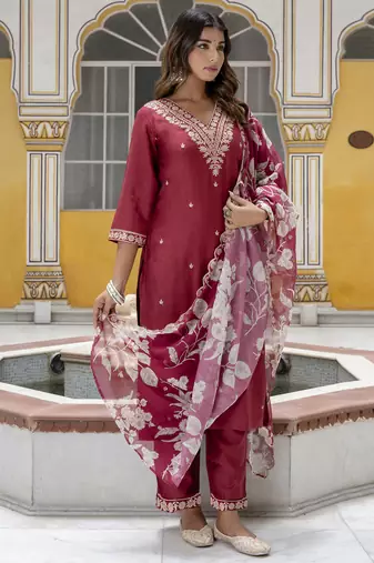 Maroon embroidered viscose rayon   kurta sets