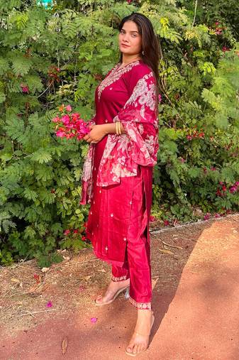 Maroon embroidered viscose rayon   kurta sets
