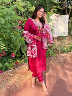 Maroon embroidered viscose rayon   kurta sets 2