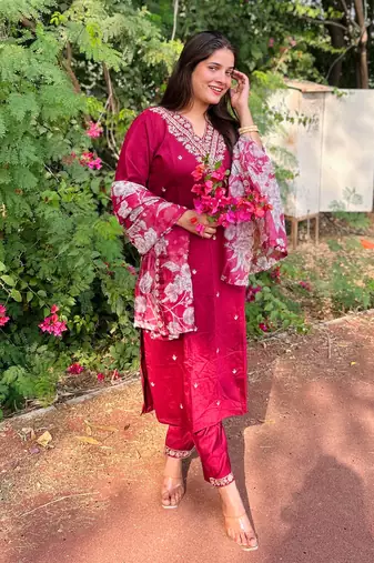 Maroon embroidered viscose rayon   kurta sets
