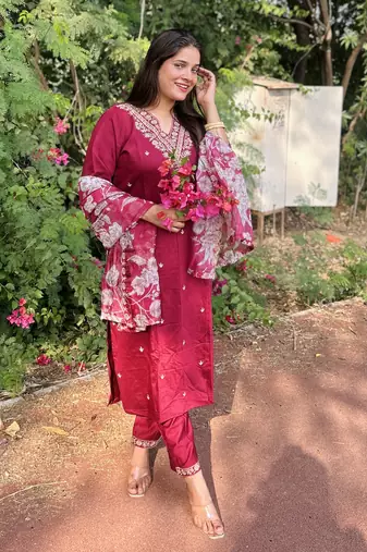 Maroon embroidered viscose rayon   kurta sets
