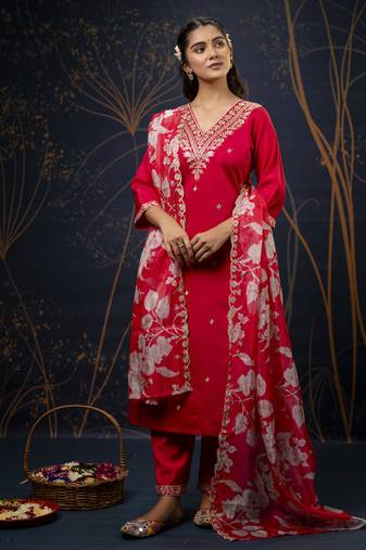 Pink embroidered viscose rayon   kurta sets
